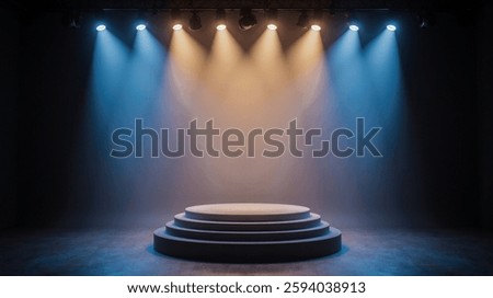 Empty tiered stage with dramatic lighting, circular setup, warm yellow and cool blue tones, professional venue, spotlight focus, artistic design, glowing ambiance, performance, 3d rendering