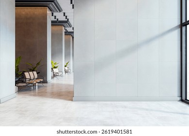 Empty tiled wall in a light modern office corridor with chairs and plants in the background, perfect for branding, poster, or sign mockup. 3D Rendering