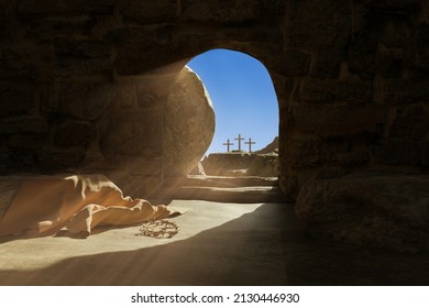 Empty tomb of Jesus Christ. Abandoned shroud and crown of thorns on the floor. Light pouring into the cave. 3d illustration 