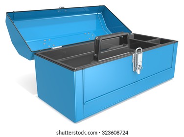 Empty Toolbox. Empty And Open Blue Metal Toolbox. 