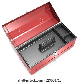 Empty Toolbox. Top View Of Open Red Metal Toolbox. Empty.