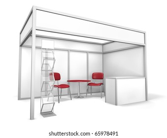 Empty Trade Event Stand With Chairs, Table And Brochure Display. 3D Rendered Illustration