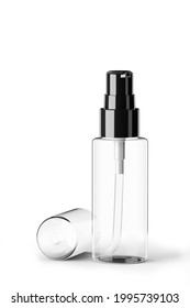 Empty Transparent Black Spray Bottle With Open Lid Medical Or Cosmetic Spray Mockup. Empty Spray Bottle Mockup. Black Spray Lid. ... 3d Render.