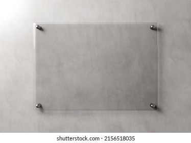 Empty transparent glass sign plate on wall mockup. Template of a blank plastic business signboard on concrete texture. 3D rendering