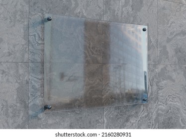 Empty transparent glass sign plate on wall mockup. Template of a blank plastic business signboard on marble texture. 3D rendering