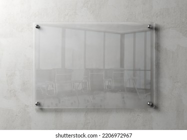 Empty Transparent Glass Sign Plate On Wall Mockup. Template Of A Blank Plastic Business Signboard On Concrete Texture. 3D Rendering