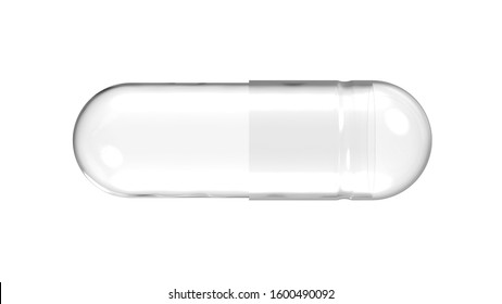 Empty Transparent Medicine Capsule Pill. Horizontal 3D Render Isolated on White Background Close-Up.