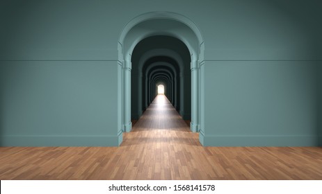 Empty turquoise architectural interior with infinite arch doors, endless corridor of doorway, walkaway, labyrinth. Move forward, opportunities, future, concept with copy space, 3d illustration