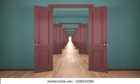 Empty turquoise and red architectural interior with infinite open doors, endless corridor of doorway, walkaway, labyrinth. Move forward, opportunities, future, concept with copy space, 3d illustration