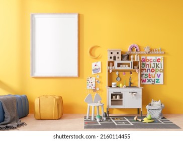 Empty Vertical Picture Frame On Yellow Wall In Modern Child Room. Mock Up Interior In Scandinavian Style. Free, Copy Space For Your Picture. Play Kitchen, Toys. Cozy Room For Kids. 3D Rendering