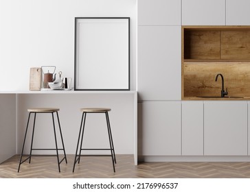 Empty Vertical Picture Frame Standing In Modern Kitchen. Mock Up Interior In Contemporary Style. Free, Copy Space For Your Picture, Poster. Kitchen, Bar Chairs, Parquet Floor. 3D Rendering