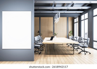 Empty vertical poster frame on wall in modern conference room with wooden floor, large windows, and clean minimalist business interior, 3D Rendering