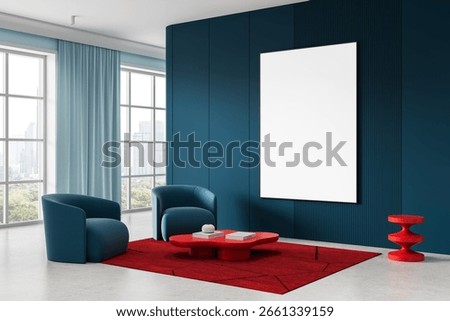 Empty vertical poster on dark blue wall in modern interior with red carpet, blue chairs, and daylight cityview windows. 3D Rendering
