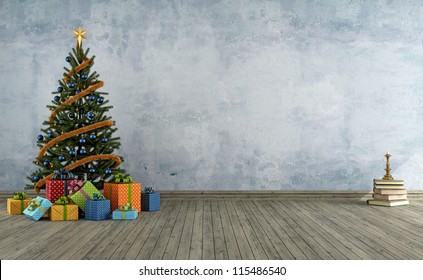 empty vintage room with christmas tree and colorful gift - rendering