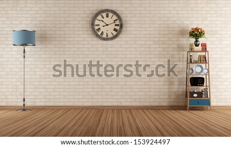 Empty vintage room with little bookshelves and brick <b>wall</b> - rendering