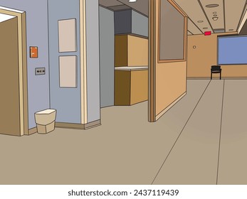 Empty walkway indoor interior illustration, school or university hallway, hospital corridor, brown beige cream floor, partition wall, nobody - Powered by Shutterstock