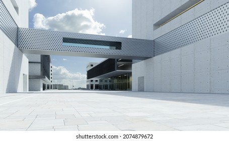 Empty Walkway Road And Modern Office Buildings Exterior. 3d Rendering