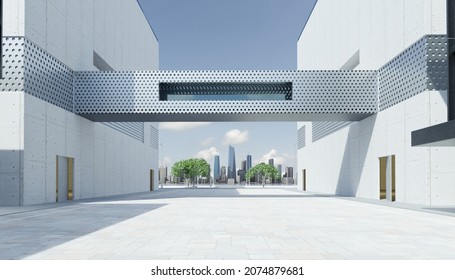 Empty Walkway Road And Modern Office Buildings Exterior. 3d Rendering