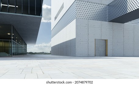 Empty Walkway Road And Modern Office Buildings Exterior. 3d Rendering