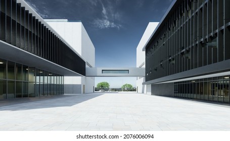 Empty walkway road and modern office buildings exterior. 3d rendering