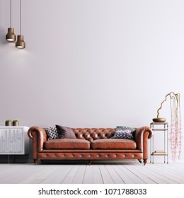 empty wall in classical style with leather sofa and plant. 3d render
