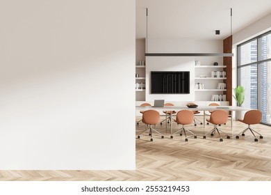 Empty wall left side with modern office setup featuring a meeting table, chairs, large windows, and shelves on the right. Wooden floor pattern. 3D Rendering