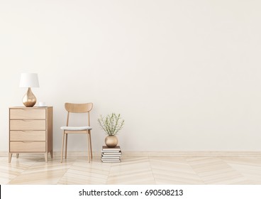 Empty Wall Mock Up With Chair, Chest Of Drawers, Lamp And Plant In Vase In Warm Beige Living Room Interior. 3D Rendering.