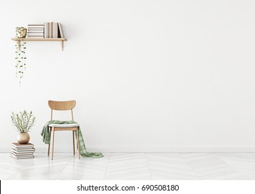 Empty Wall Mock Up With Chair, Shelf With Books And Plant In Vase In Clean White Living Room Interior. 3D Rendering.