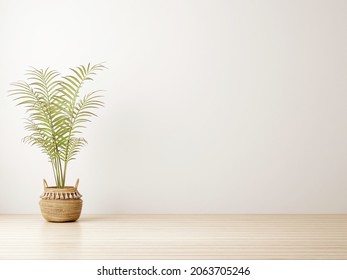 Empty Wall Mockup In Warm Neutral Beige Room Interior With Palm Plant In Woven Basket With Boho Decor On Wooden Floor. Illustration, 3d Rendering