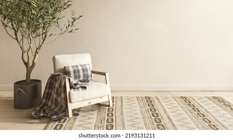 Empty Wall Mockup In Warm Neutral Beige Room Interior With Wooden Armchair. Boho Style Decoration And Free Space. 3d Render Illustration. 3D Illustration