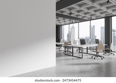 Empty wall in modern open space office with city view, concrete floor, concept of workplace, light.  3D Rendering