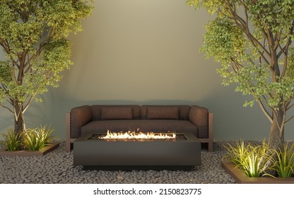 Empty Wall Outdoor Bonfire Garden Sofa , Warm Light Tones, Minimal Style.3d Rendering