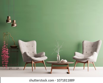 Empty wall in pastel modern interior with green wall, soft armchairs, plant and lamps. 3d rendering
