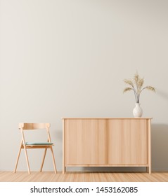 Empty wall in scandinavian style interior with wooden drawer. Minimalist interior design. 3D illustration.