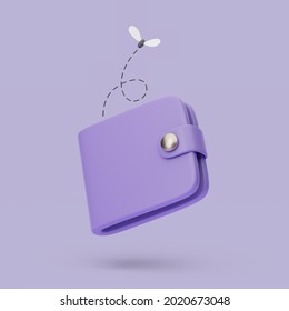 Empty Wallet Icon With Fly. 3d Simple Render Illustration On Pastel Background.