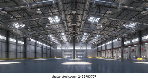 Empty warehouse or storehouse in daylight. 3d illustration