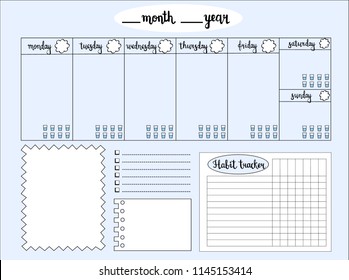 Empty weekly planner with water level tracker, space for notes, To do list and habit tracker, blue background. Schedule and organizer template. Raster illustration