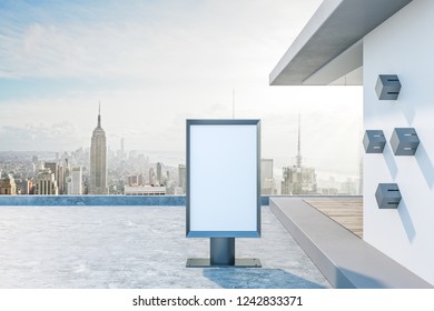 Empty White Ad Billboard On Beautiful Rooftop With New York City View. Mock Up, 3D Rendering 