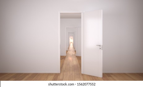 Empty white architectural interior with infinite open doors, endless corridor of doorway, walkaway, labyrinth. Move forward, opportunities, business, future, concept with copy space, 3d illustration