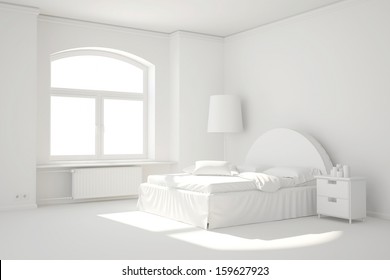 Empty White Bed Room With Window And Curtain Minimal Template