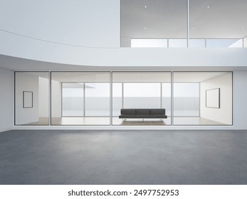 Empty white blank picture frame and bench on wooden floor of bright living room in modern house or luxury hotel. Minimal home interior 3d rendering.