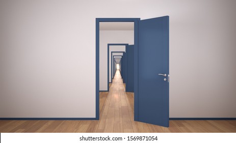 Empty white and blue architectural interior with infinite open doors, endless corridor of doorway, walkaway, labyrinth. Move forward, opportunities, future, concept with copy space, 3d illustration