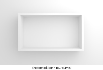 Empty White Box Over Head From Top View Mock Up On White Background. Blank White Opened Box Above View 3d Render Illustration. 