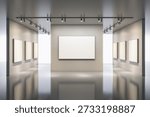 Empty white canvas frames on walls of a modern gallery with clean lighting, reflective floor and central blank banner for creative presentation. 3D Rendering