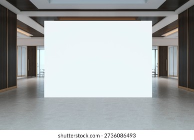 Empty white display wall in a modern gallery with clean interior design, tiled floor, wooden panels, and ceiling lights. Concept of exhibition space. 3D Rendering.