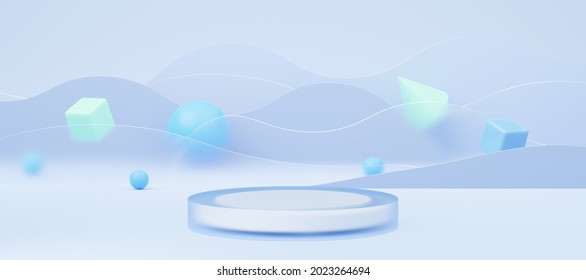 Empty white glass cylinder podium on translucent glass, blue wave background. Abstract pastel minimal studio 3d geometric shape. Mockup space for display of product design. Paper cut style. 3d render. - Shutterstock ID 2023264694