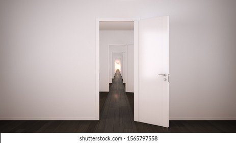 Empty white and gray architectural interior with infinite open doors, endless corridor of doorway, walkaway, labyrinth. Move forward, opportunities, future, concept with copy space, 3d illustration