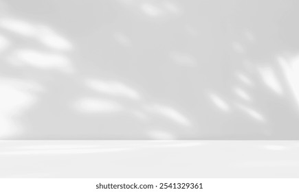 Empty white gray room studio with leaves shadow overlay effect for product presentation display. Cosmetic beauty fashion showroom. Morning sunlight. Minimal Mock up interior background.