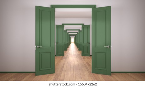 Empty white and green architectural interior with infinite open doors, endless corridor of doorway, walkaway, labyrinth. Move forward, opportunities, future, concept with copy space, 3d illustration