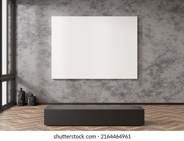 Empty White Horizontal Canvas On Concrete Wall In Modern Art Gallery. Mock Up Interior In Contemporary Style. Free, Copy Space For Your Picture. Exhibition Space. 3D Rendering